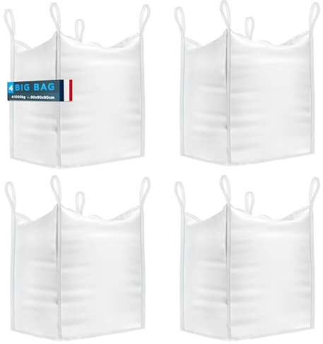 BIBODU Big Bag (4 UNITÉS) de 1000kg | Sac a Gravats 90x90x90 cm | Big Bag Jardin Résistant et Réutilisable | Big Bag Gravat parfait pour Chantiers, Jardin, Sable, Déchets et le Bois