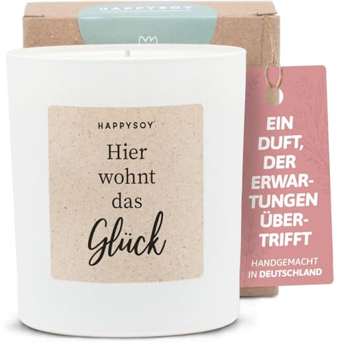 Geschenke für Einzug - Duftkerze mit Spruch - Dankeschön, Geburtstagskerze, Freundinnen, Glückslicht - Handgemachte Kerze - Sojawachs - Weiß