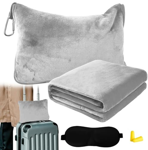 Bocguy Reisedecke Flugzeug, Reisedecke Ultraleicht Warm, Kissen Decke 2 in 1, Reise Decke mit Schlafmaske und Ohrstöpsel, Tragbare Travel Blanket für Camping, Geschäftsreisen (Hellgrau)