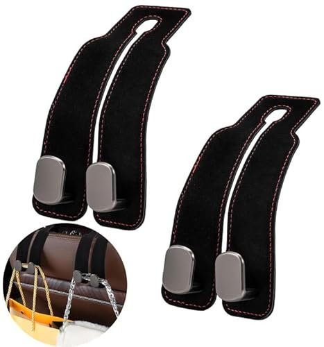 Premium Leather Car Headrest Hooks - Multifunctional Handbag and Car Bag Hooks for Back Seat Organization (Black)