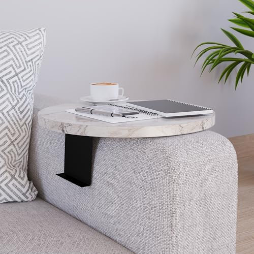[en.casa] Sofatablett Kuleskyd verstellbar Armlehnentablett rund Ø34 cm Couchablage Couchtablett Sofalehnentisch Sofaablage Marmoroptik, weiß