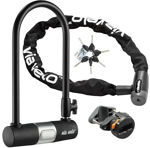 Via Velo Heavy Duty Anti-Theft Bicycle U Lock, 15mm Shackle, 9x4.5in, 8mm Chain, 2.96ft Length, Black, 6 Keyed Alike Keys, Sold Secure Silver, For All Bikes, Electric Bikes
