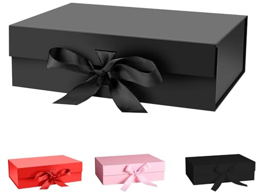 Geschenkbox mit Deckel Quadratische Geschenkbox mit faltbarer mit Schleife Magnetische Geschenkverpackung für Hochzeit, Geburtstag, Valentinstag, Jahrestag(Schwarz, 24 * 18.5 * 10.5)