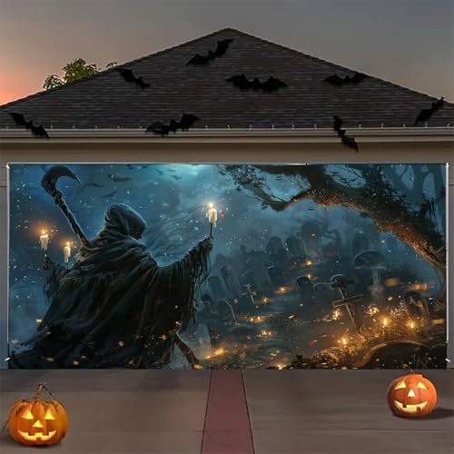 Halloween Banner Garage 2024 Neueste Sichel Sensenmann 4×1.8m Halloween Deko 3D Garagentor Banner Mit 10m-Seil Halloween Home Decor Supplies Garage Door Banner Cover Party Deko