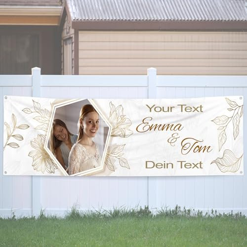 Hochzeit Party Banner Personalisierbar mit Foto und Text Geburtstagsbanner Outdoor Groß 300 X 100 CM XXL Format Hochzeitsposter Deko Motiv Hexagon
