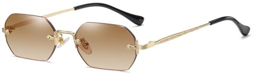 RUNHUIS Retro Randlose Rechteckige Sonnenbrille für Damen Herren Vintage Hexagon getönte Gläser (Gold/Gelbbraun Farbverlauf)