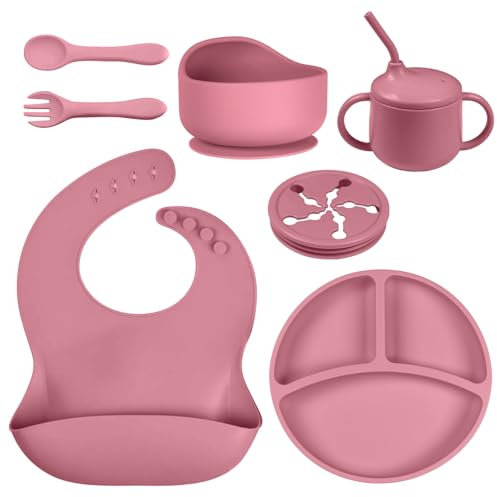 KOOSREEL Baby Weaning Set, Baby Feeding Supplies for Toddlers (Set of 7)-Includes Water Bottle, Suction Bowl, Suction Plate, Spoon, Fork, Adjustable Bibs, Cup Lid & Straw & Snack Cup Lid