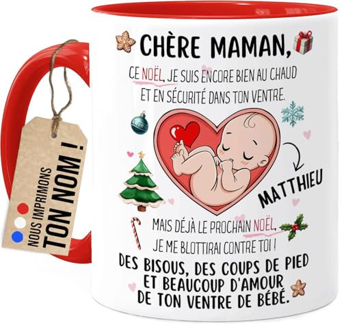 Cupdarling® Mug Future Maman Personnalisé - Chère Mamie Ce Noël Je Suis Encore Dans Le Ventre De Maman - Tasse Cadeau Noël - 330 mL Céramique - Rouge
