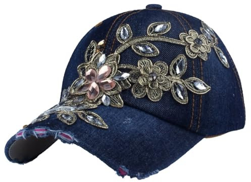 Kabelife Damen Jeans Baseball Cap Baseballkappe mit Blume Strass Basecap Sonnenhut Hip Hop Hut für Outdoor Sport Reisen(DE/NL/SE/PL, Numerisch, 56, 60, Dunkelblau)