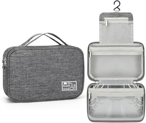 VONMELLI Beauty Case da Viaggio, Appendere Borsa da Toilette Impermeabile Beauty Case Da Viaggio con Gancio per Donna Uomo, Portatile Pieghevole Porta Trucchi,Idee Regalo Donna e Ragazza Grigio