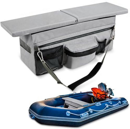 Dansydaisy 35 x 14 Inch Dinghy Boat Seat Cushion and Underseat Storage Bag with Pockets Grey Thick Sponge Seat Bench Cushion for Inflatable Boat Water Resistant Outdoor
