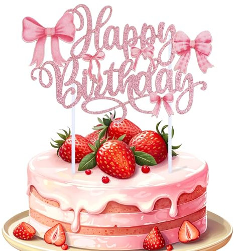 Tyqour Happy Birthday Tortendeko Rosa Schleife Tortendeko Rosa Happy Birthday Cake Topper mit Schleife Kuchendeko Glitter Torten Deko Geburtstag Kuchen Deko für Mädchen,Kinder,Party Kuchen Desserts