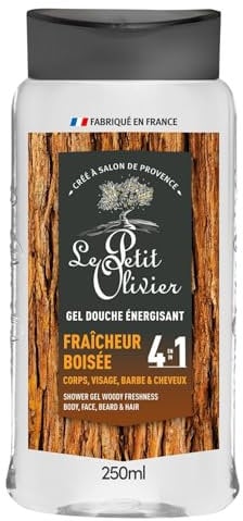 LE PETIT OLIVIER - Gel Douche Homme 4 en 1 - Fraîcheur Boisée - Corps Visage, Barbe & Cheveux - Parfum Frais & Énergisant - Nettoie en Douceur - PH Neutre Pour la Peau - Fabriqué en France - 250ml