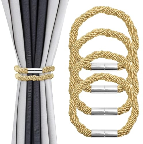 HENGBIRD Magnetische Vorhang Raffhalter 4 Stück Stilvolle Vorhang Kordel & Gardinen Raffhalter für Dicke Vorhänge 54cm Raffhalter magnetisch Gold für Wohnzimmer Schlafzimmer Gardinenhalter