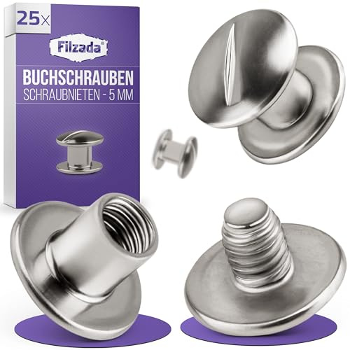 Filzada® 25x Buchschrauben 5mm Silber - Schraubnieten - Nieten Leder,Gürtel | Gürtelschrauben, Buchbinderschrauben vernickelt - für Bücher, Lederaccessoires, Schuhe - rostbeständig - Silberfarben