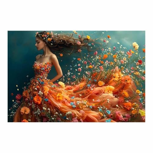 TERUEA Frauen Portrait abstrakt Frau in Blumenkleid mit Blumen Leinwand Leinwandbild Schlafzimmer Küche Deko Wand Kunstdruck Art Groß XXL Wanddeko Bild Wall Decor Canvas(Orange)-80x120cm1 Ungerahmt