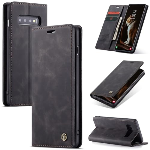 Rerzoiro Handyhülle für Samsung Galaxy S10 Hülle, Premium PU Lederhülle Klappbar Flip Case Standfunktion Tasche Magnet Kartenfach Klapphülle Schutzhülle für Samsung Galaxy S10, Schwarz