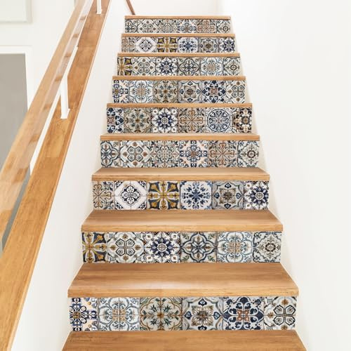 PLIGREAT 15 autocollant de Contremarche D'Escalier à Motif de Carreaux Vintage Autocollants pour Escaliers Faciles à Décoller et à Coller 18x100cm en PVC Auto Adhésif pour la Décoration de Marches