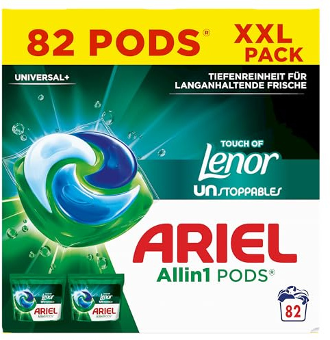 Ariel Allin1 PODS Capsules de lessive liquide 82 lavages, Touch Of Lenor Unstoppables, nettoyage en profondeur pour une fraîcheur durable