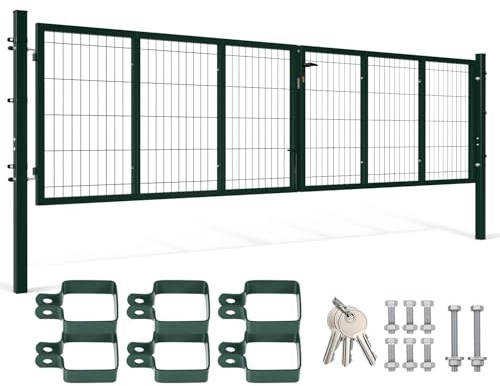 Peviasot 350x100cm Gartentor Tor Gartenzaun Zaun, Doppelflügelig Gartentür aus Metall verzinktem Stahl, inkl. Griff, Schloss und 3 Schlüsseln, Robust Zauntor Hoftor, Grün