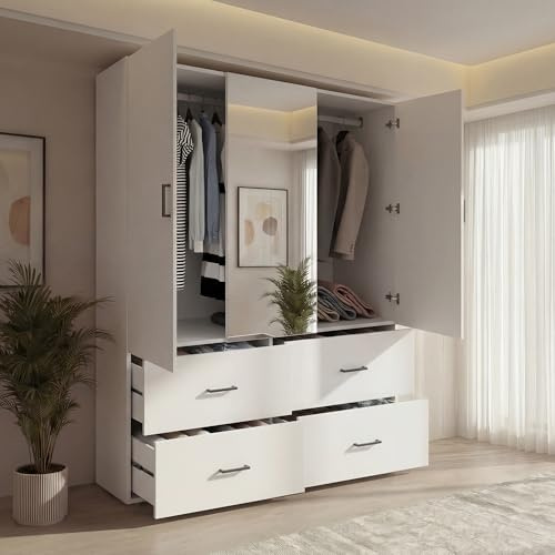 Armario de vestidor dormitorio con espejo de 2 puertas, armario doble con cajones, gran armario de almacenamiento con estantes, armario moderno blanco (blanco A, 130 x 51,8 x 181,5)