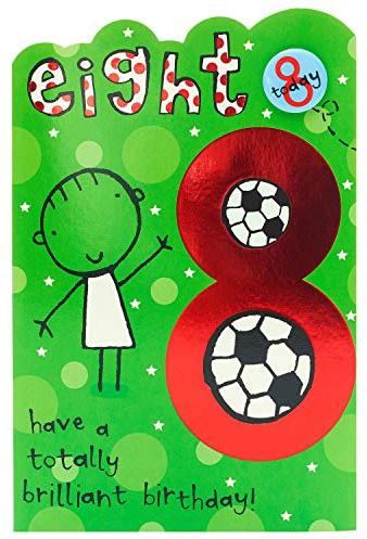 Geburtstagskarte zum 8. Geburtstag, Fußball-Motiv, mit Anstecker