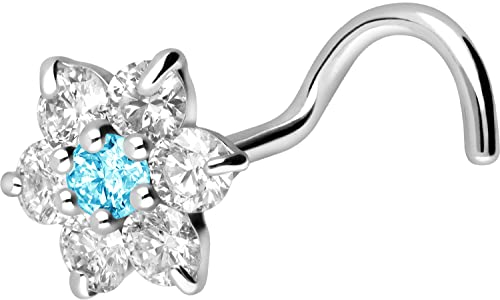PIERCINGLINE 18 Karat Gold Nasenpiercing Spirale MOISSANIT BLUME Piercing Nase Stecker Weißgold Hellblau