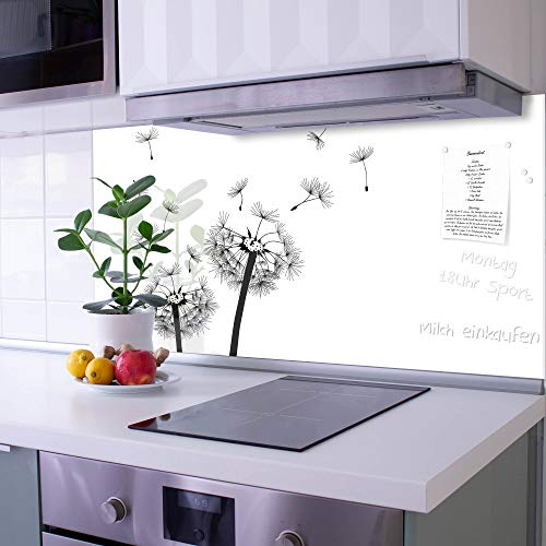 banjado Küchenrückwand Glas ohne Bohren 110x55cm – Glasrückwand Küche mit Motiv Pusteblume 2 / Spritzschutz Küchenrückwand Glas/selbstklebende Küchenrückwand Platte - magnetisch & beschreibbar