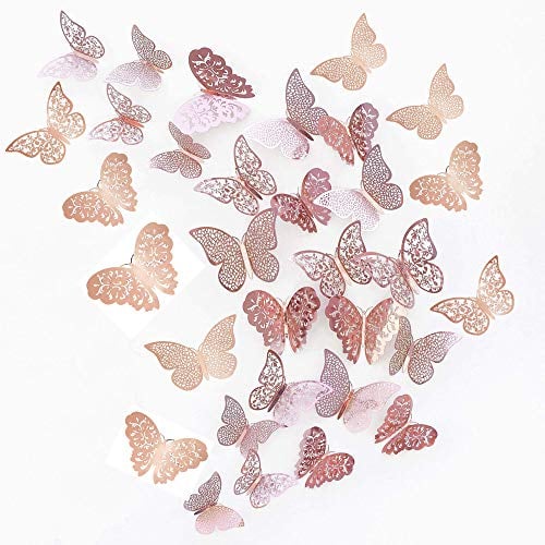 JUN-H 36 Pezzi 3D Farfalle Farfalla Decorativa Adesivi Murali Fai da Te Art Decalcomanie Camera da Letto Baby Decor Decalcomanie Rimovibile Decorativo Murale (Red Rose