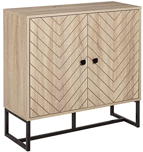 HOMCOM Modern Storage Cabinet with Chevron Doors and Metal Base, Freestanding Sideboard with Adjustable Shelf for Living Room, Natural