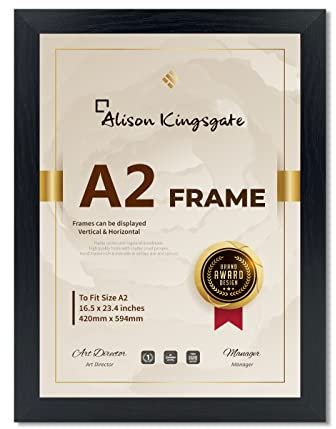 Alison Kingsgate A2 Black Frame 42 x 59.4cm Picture Frame with Safe Perspex Front & Wall Mounting - A2 Poster Frames