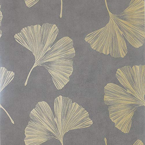 Arthouse Ginkgo Leaf Mocha Brown Wallpaper-Tough Vinyl for Any Room-Metallic Gold Effect-Textured Motif-Matt Background-Paste The Wall Easy Application-Add Glamour-Eye-Catching-297301, One Size