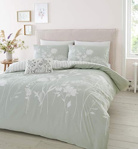 Catherine Lansfield Meadowsweet Floral Reversible Single Duvet Cover Set with Pillowcase Green