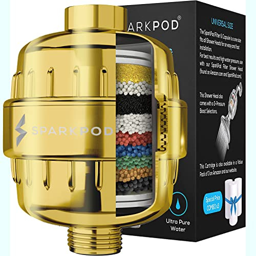 SparkPod High Output Shower Filter Capsule - Suitable for People with Sensitive and Dry Skin and Scalp, Filters Chlorine and Impurities | 1-min install (Egyptian Gold, New Formula)