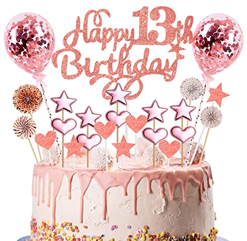 Deko 13. Geburtstag Mädchen Rosegold Tortendeko 13 Geburtstag Glitzer Happy 13th Birthday Cake Topper für 13 Jahre Alt Geburtstagsparty Kuchen Kuchendeckel Geburtstag Cupake Topper Party Dekoration