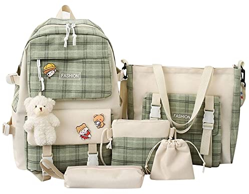 DKIIL NOIYB 5Pcs Set Kawaii Aesthetic Backpack for Girls, Cute Sage Green Plaid Backpack Light Academia School Bookbag Lattice Laptop Bag Back to School Backpack