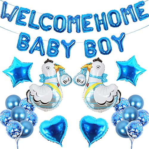 Fangleland Willkommen Zuhause Baby Junge Deko, Willkommen Zuhause Baby Junge Banner, Folienballon Konfettiballon für Babyparty Baby Dusche Party Deko Blau