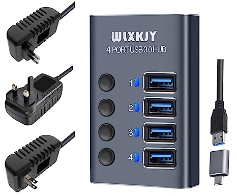 WLXKJY USB 3.0-Hub mit 36 W (12 V/3 A) Netzteil, Aluminium-USB 3.0-Daten-Hub Auf 4 USB 3.0-Erweiterung, kompatibel mit Desktop-PC, MacBook Pro/Air, iMac, Surface Pro und Mehr Laptops