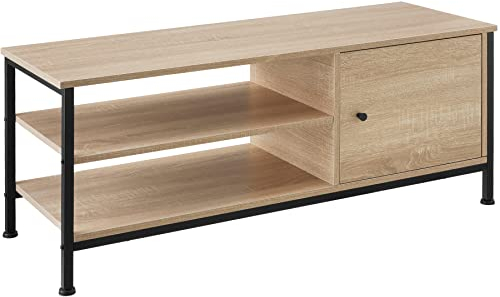 tectake® TV-Regal mit 2 offenen Fächern, Lowboard im Industrie-Design, Fernsehtisch mit Staufach mit Tür, 110 x 40 x 45,5 cm, Holz, schwarzes Metallgestell (Industrial Holz hell, Eiche Sonoma)