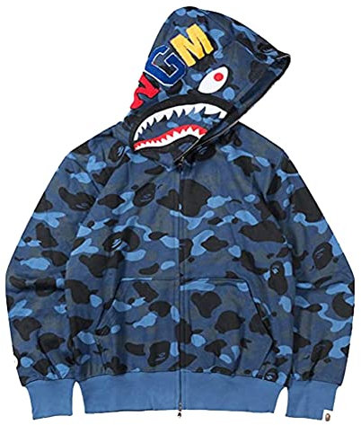 LIAOPUFUS Uomo 3D Stampato Shark Felpa con Cappuccio Hip Hop a Maniche Lunghe Zipper con Cerniera Mimetica Moda Street Wear(S,Blu Destra)