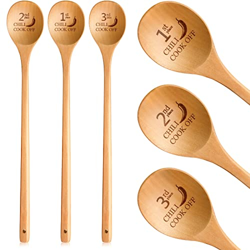 Set of 3 1st, 2nd, 3rd Place Engraved 13 Inch Chili Cook Off Trophies Wooden Spoon Chili Cook Off Wood Spoon Prizes Chili Cookoff Awards Long Handled Cooking Spoons for Gift Baking Kitchen