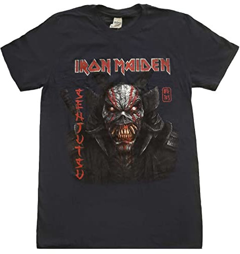 Iron Maiden Senjutsu Back Cover Vertical Logo Official Tee T-Shirt Mens Unisex (Small) Blue
