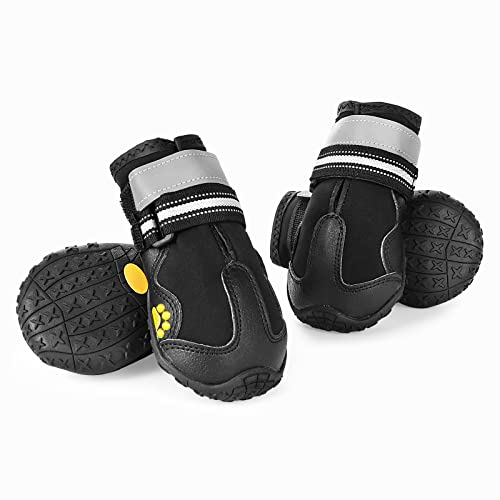 Faankiton 4 Stück Hundeschuhe Pfotenschutz, Wasserdicht Hundeschuhe mit Rutschfester Sohle und Reflektierenden Riemen für Mittelgroße und Große Hunde (5#)
