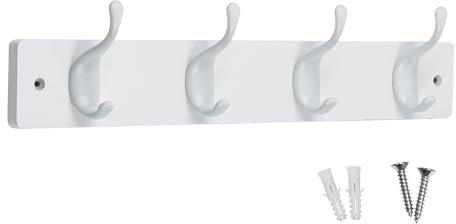 Keypak 4 White Gloss Coat Hooks on White Wooden 46cm Board - Modern Wall Door Mounted Coat Rack Clothes Hanger