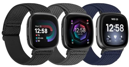 TumpCez Elastisches Nylonarmband, kompatibel mit Fitbit Versa 4/Fitbit Sense 2/Fitbit Versa 3/Fitbit Sense, weich, verstellbar, dehnbar, Sport-Ersatzbänder für Damen und Herren, Schwarz, Grau, Indigo