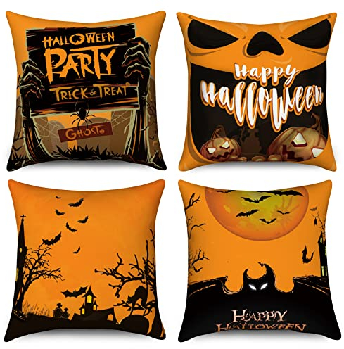 Hnmdmyi Halloween Kissenbezug 50x50 4er Set, Halloween Party Trick or Treat Spooky Kürbis Schloss Toter Baum Fledermaus Dekorative Kissenbezüge Schwarz Orange Leinen Kissenhülle für Sofa Home Decor