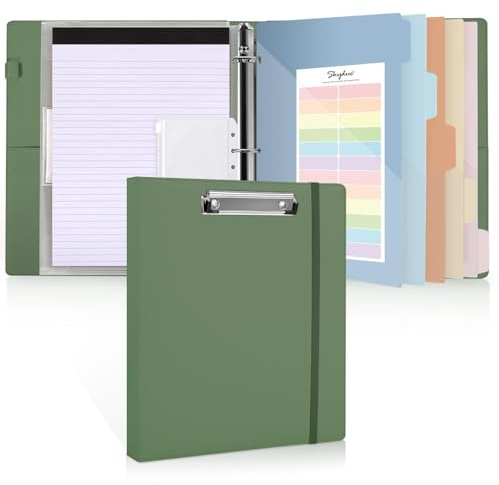 SKYDUE Clipboard Binder with Refillable Notepad, PU Clipboard Folder Includes 5 Dividers with 10 Pockets, Labels, 3 Ring Binder 1 Inch for School Office (Fit Letter Sized Paper),Olivegreen