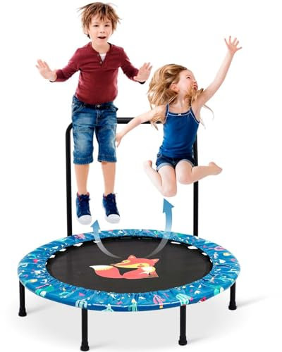 38'' Kids Trampoline Mini Foldable Fitness Trampoline with Adjustable Handle Little Fox Pattern Indoor Outdoor Mini Trampolines Exercise Jumping Rebounder for Toddler Kids Boys & Girls