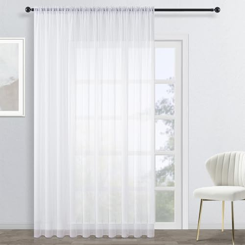 Topfinel Vorhänge Weiße Gardinen Transparent Vorhang 240 cm Extra Lange gardine und vorhänge übergardinen mit Tunnelzug Vorhangschals 300 cm Breit Ösenvorhang Deko Kinderzimmer Schlafzimmer, 1 STK