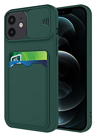 Wousunly Compatible avec Coque iPhone 12 Antichoc avec Porte Carte, Etui iPhone 12 Silicone avec Protection Cache Camera Coulissant Coque de Telephone Ultra Fine Housse (Vert foncé)